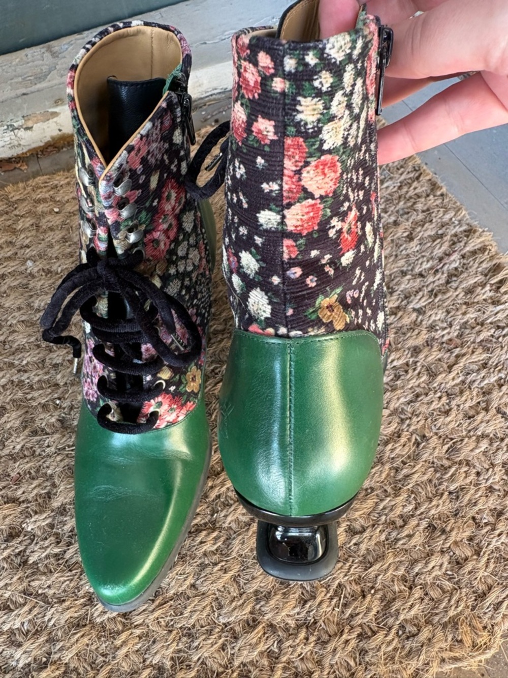 John Fluevog Amrita Lace-Up Mid-Calf Boots in Green and Floral - Picture 7 of 11